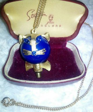 Unique Vintage Cobalt Blue Glass Cat Pendant And Chain Necklace
