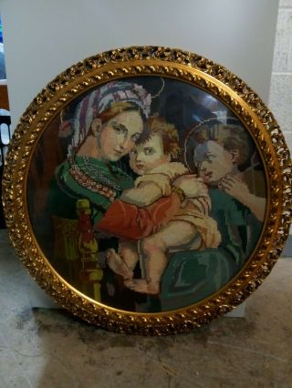 Vintage Finished Needlepoint In Frame 28 " Round Mother And Children