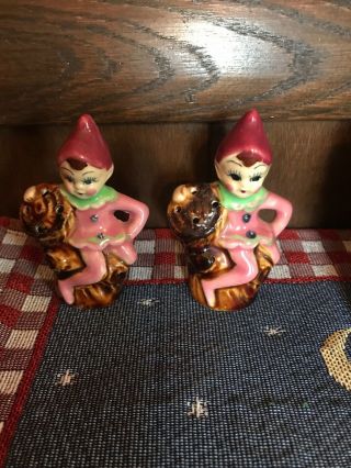 Vintage Pixie Elf Elves Japan Salt And Pepper Shaker Figures Pink