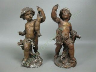 Italian Cherub Putti 9.  5 " Statue Figurine Pair Fishing Hunting Copper Painted Nr