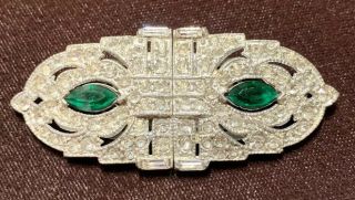 Vintage Art Deco Clear Rhinestone Duette Pin With Green Stones