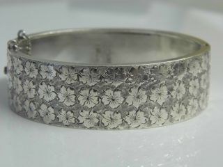 1883 Antique Victorian Solid Sterling Silver Hinged Flower Bangle Bracelet