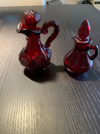 Two Vintage Avon Ruby Red Glass Cruet Decanter Cape Cod W/ Stoppers