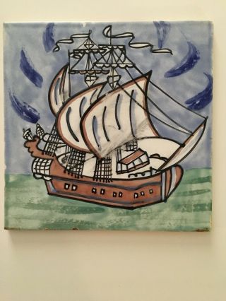 Vintage French Folk Art Sailing Ship Ceramic Tile V B Villeroy Boch 6” X 6”