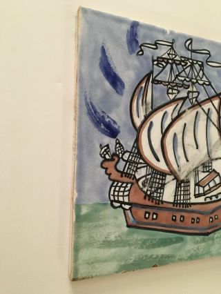 Vintage French Folk Art Sailing Ship Ceramic Tile V B Villeroy Boch 6” X 6” 2
