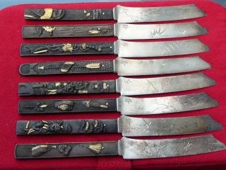 8 Rare Gorham Sterling Silver & Bronze Mixed Metals Japanese Kozuka Fruit Knives