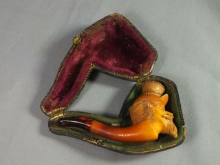 Antique Carved Smoking Pipe - Civil War Soldier Character Face - Cased