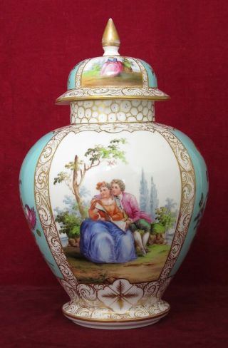 Large Antique Helena Wolfsohn Dresden Porcelain Vase & Cover Hand Painted,  12.  5 "