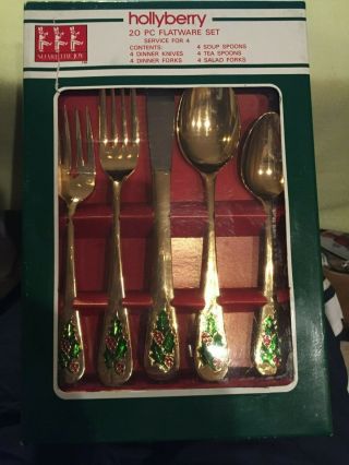 Vintage Hollyberry Flatware 20 Pc Holly Berry Gold Plated Service For 4 /