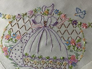 Vintage Linen Hand Embroidered Tablecloth Crinoline Lady & Bluebirds