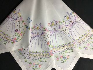 VINTAGE LINEN HAND EMBROIDERED TABLECLOTH CRINOLINE LADY & BLUEBIRDS 2