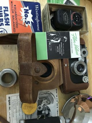 Vintage Argus C3 35mm Film Camera,  Case,  Light Meter,  Bulbs,  Instructions