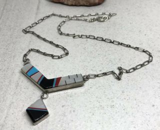 Vintage Zuni Signed Ls Sterling Silver Multi Stone Inlay Chain 19” Necklace