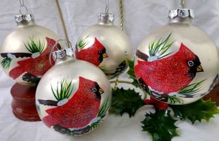 Hand Painted Glass Ornament Set Of 4 Vintage Christmas Red Cardinal Birds