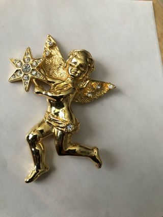 Large Vintage 1996 Rj Graziano Gold Tone Rhinestone Star Cherub Angel Pin Brooch