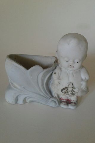 Vintage Antique Bisque Porcelain Toothpick Holder Baby Girl Bee Kenny Co