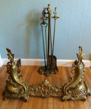 Vtg Victorian French Knick 104 Ornate Brass Fireplace Set Fender Andirons Tools