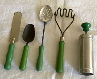 5 Piece Vintage Child’s Toy Green Wood Handle Kitchen Utensils & Cookie Press