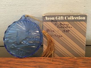 Vintage Avon Fostoria Blue Glass Christmas Village Ornament 1985