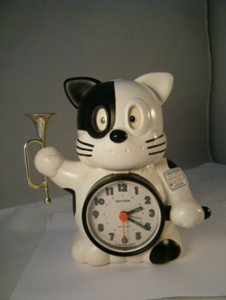 Vintage Rhythm Japan Clock Black White Cat Rise And Shine W/ Trumpet