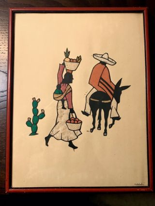 Vtg 30’s Framed Art Yaqui Indian Tribe - Mexico - Folk - Painting Signed Rubalcaba