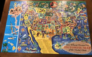 Vintage Antique Walt Disney Character Puzzle Map Of The Usa Jaymar Complete