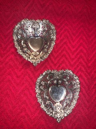 Two Vintage Gorham Sterling Silver Pierced Heart Shaped Nut Dish 956 3.  75”