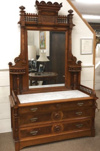 Rare Antique America Victorian Walnut Marble Top Dresser Chest C1865 Brooks Nyc