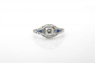 Antique 1920s 1ct Old Cut Vs H Diamond Blue Sapphire 18k Gold Filigree Ring