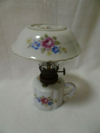 Vintage Mini Relco Creation Porcelain Oil Lamp - Japan - 6 1/2 " - Pink Roses - Sticker