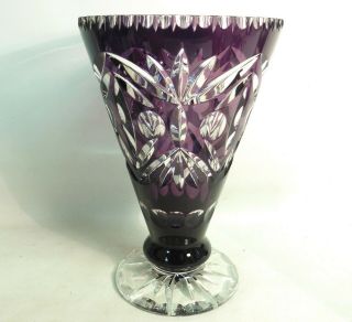 Large Vintage Czech Bohemian Crystal Amethyst Overlay Cut To Clear Flared Vase