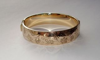 Vintage Gold Bangle Wide Cuff Engraved Bracelet 9 Ct Rolled Gold Circa 1950s