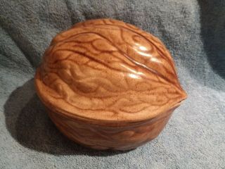Vintage Ceramic Walnut Nut Bowl Candy Dish W/lid Brown