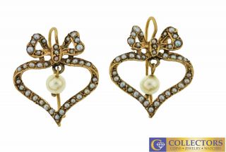 Ladies Antique Victorian 14k Yellow Gold Open Heart Seed Pearl Drop Earrings