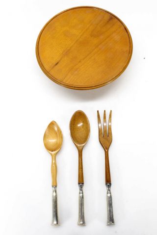John Hasselbring Vintage Sterling Silver Wood Platter Serving Spoons And Fork
