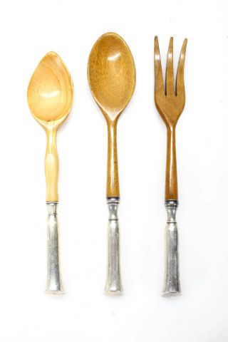 John Hasselbring Vintage Sterling Silver Wood Platter Serving Spoons and Fork 3