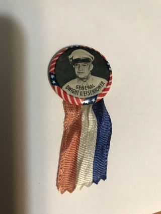 Vintage General Dwight D Eisenhower Campaign Pin Button Ribbon Flag