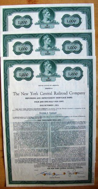 3 In Sequence York Central Railroad Company $1000 Bond 1913 To Butcher & She