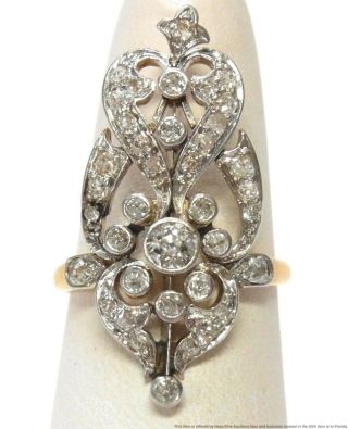 Antique Long Platinum Top 14k Gold 1ctw Diamond Ring Ladies Edwardian Filigree
