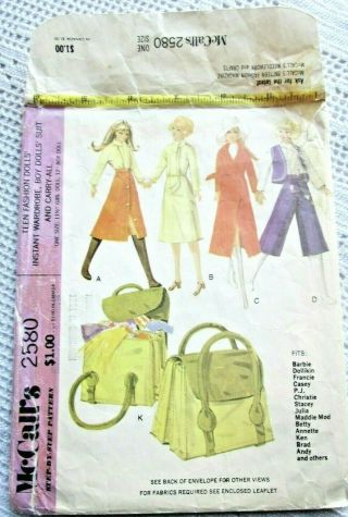 2580 Vintage Sewing&knitting Pattern 1970 Barbie&ken Doll Clothes&carry - All Bag,