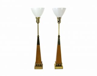 (2) Tommi Parzinger Stiffel Atomic Age Modern Brass & Walnut Table Lamps 1950 