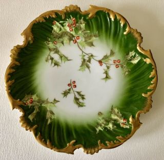 Antique T&v France Limoges Christmas Mistletoe Holly & Berry Scalloped Plate
