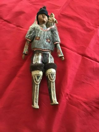 Vintage 15” Inuit Eskimo Doll With Papoose Fur Leather Wood