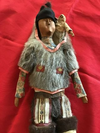 Vintage 15” Inuit Eskimo Doll With Papoose Fur Leather Wood 2