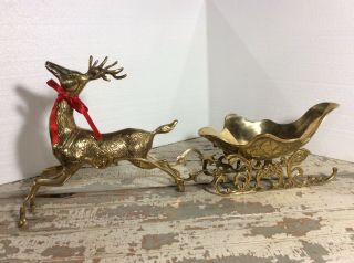 Vintage Brass Reindeer And Sleigh Holiday Centerpiece Candy Dish Winter Wedding