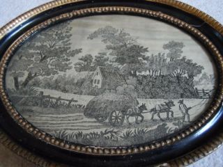 Antique 18th Century Georgian Black Gold Framed Oval Silk Landscape Picture