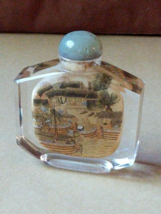Antique Reverse Painted Chinese Clear Gold Glass Snuff Bottle 4 " Jade Vtg