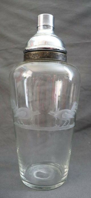 Vtg Antique Etched Crystal Glass Hawkes Cocktail Drink Shaker Rooster Chickens