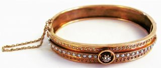 Antique Victorian 14k Gold Hinged Bangle Bracelet With Seed Pearls & Diamond