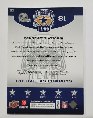 2009 Upper Deck America ' s Team Terrell Owens Authentic Game Worn Jersey Card 2